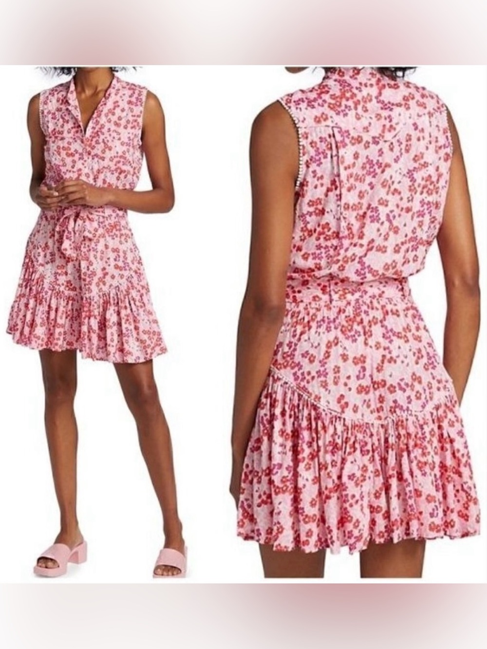 Poupette St. Barth Felicia Sz M Pink Red Floral Sleeveless Tie-Waist Mini Dress